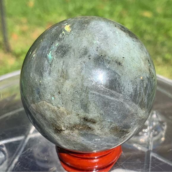 58.5MM 2.2” Madagascar Rainbow Labradorite Stone Sphere Crystal Ball Wood Stand - Picture 3 of 14